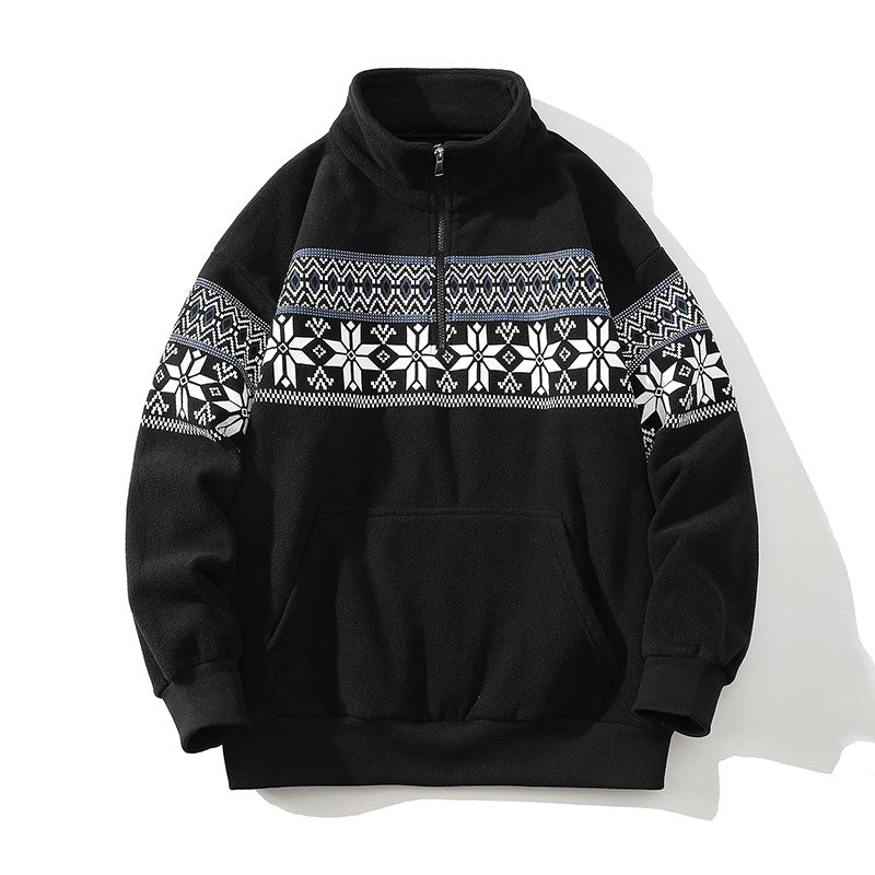 Unisex Norwegermuster-Fleecejacke mit Stehkragen, durchgehendem Reißverschluss und Kordelzug Shop Nory