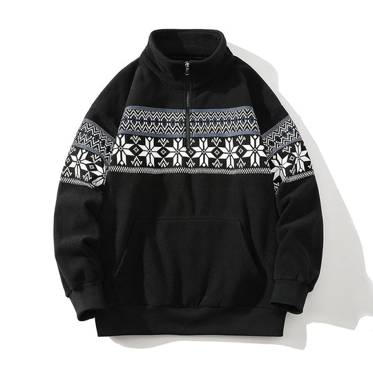 Unisex Norwegermuster-Fleecejacke mit Stehkragen, durchgehendem Reißverschluss und Kordelzug Shop Nory