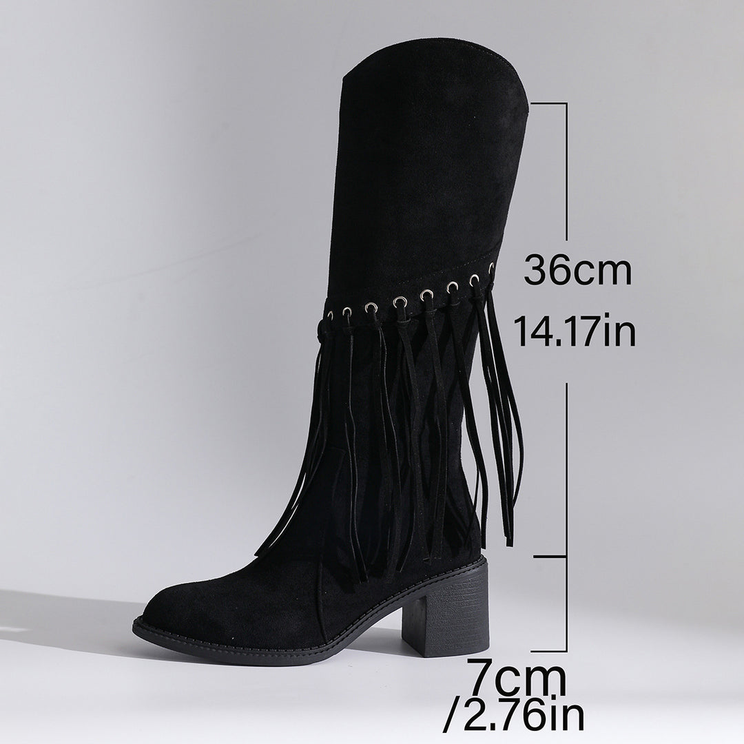 Damen wadenhohe Fransen-Stiefel in Wildlederoptik mit Ösendetail und mittelhohem Blockabsatz Shop Nory