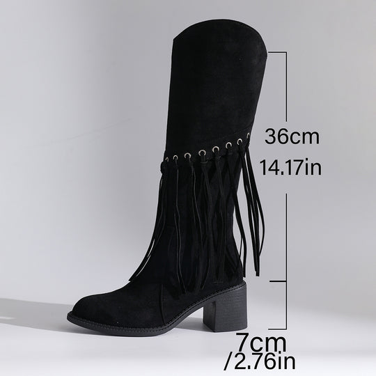 Damen wadenhohe Fransen-Stiefel in Wildlederoptik mit Ösendetail und mittelhohem Blockabsatz Shop Nory