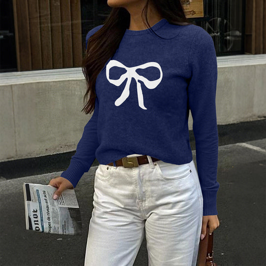 Damen nan Feinstrickpullover mit großem Schleifenprint, Rundhalsausschnitt und schmaler Passform Shop Nory