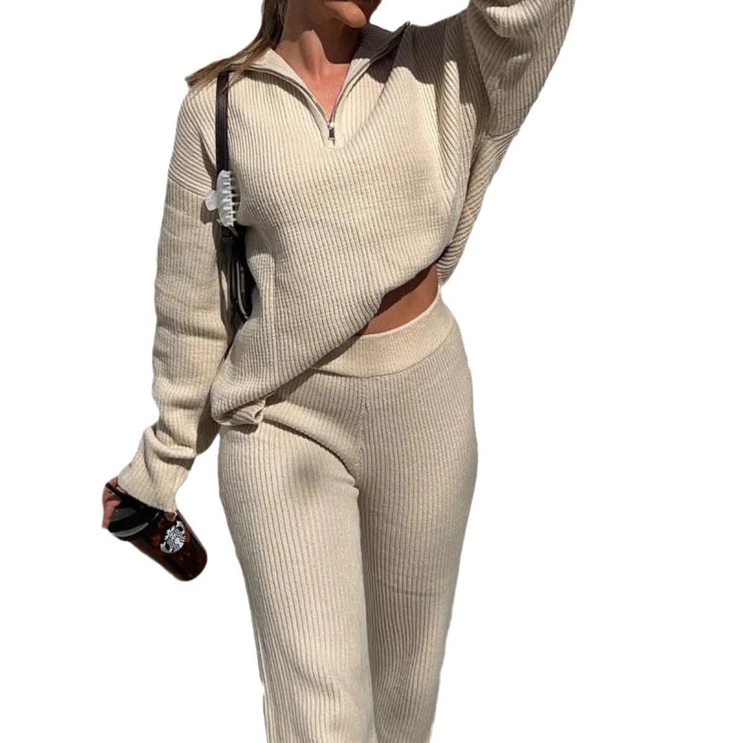 Damen geripptes Strick‑Loungewear‑Set mit halbem Reißverschluss und High‑Waist Leggings Shop Nory