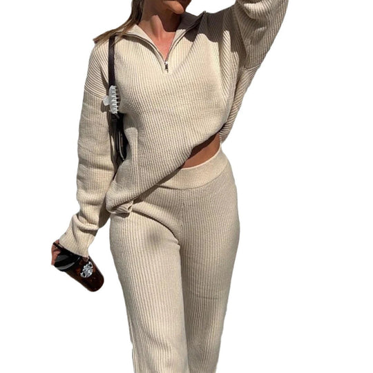 Damen geripptes Strick‑Loungewear‑Set mit halbem Reißverschluss und High‑Waist Leggings Shop Nory