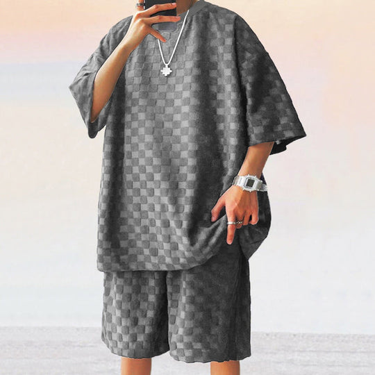 Unisex nan übergroßes Freizeit-Set aus strukturierter Waffelqualität mit Rundhalsausschnitt und locker sitzender Bermudashorts