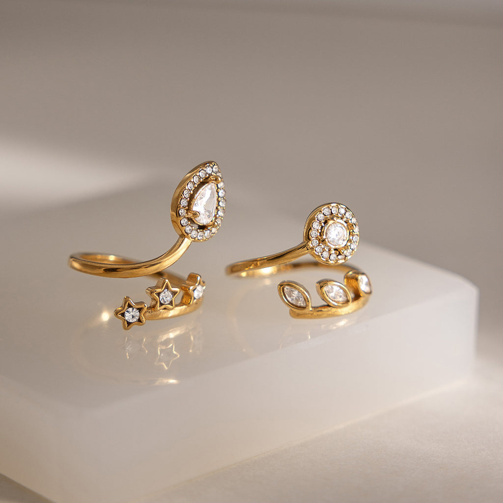 Damen Offener Ring mit funkelnden Sternen und tropfenförmigem Zirkonia Shop Nory