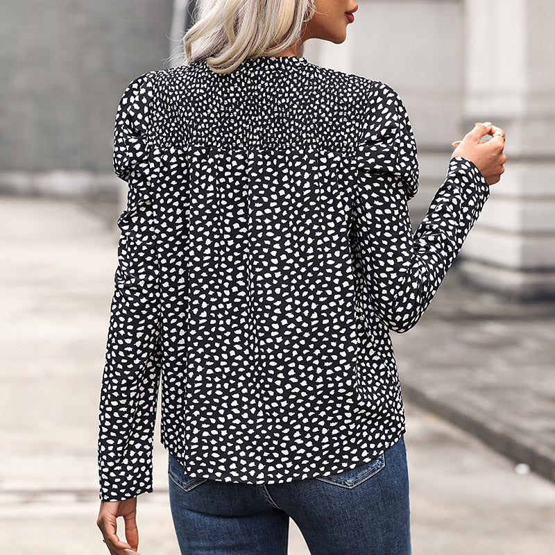 Damen Gesmoktes Stehkragen-Blusentop mit Puffärmeln und Allover-Tupfenprint Shop Nory