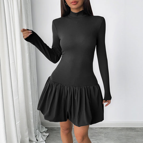 Damen Figurbetontes Minikleid mit Rippenoberteil, Stehkragen und gerafftem Ballonrock Shop Nory