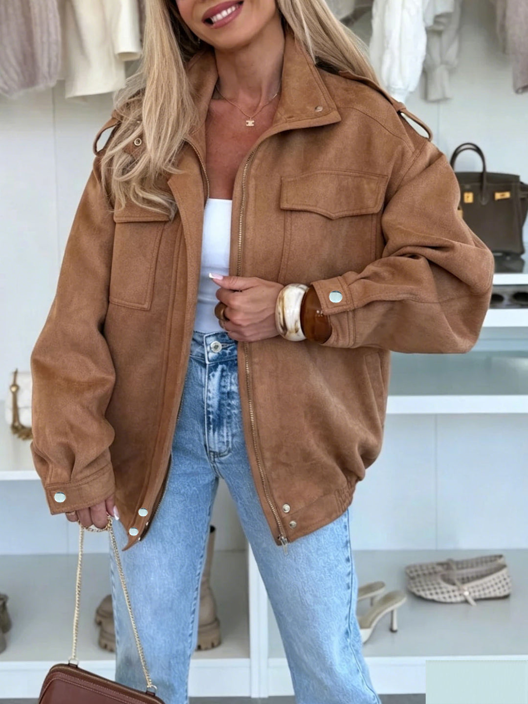 Damen Oversized Jacke in Wildleder-Optik mit Brusttaschen und Epauletten Shop Nory