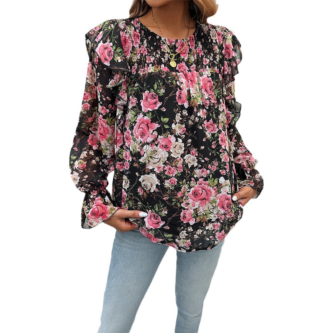 Damen nan geblümte Chiffonbluse mit geraffter Passe, Volantärmeln und lockerem Fall Shop Nory