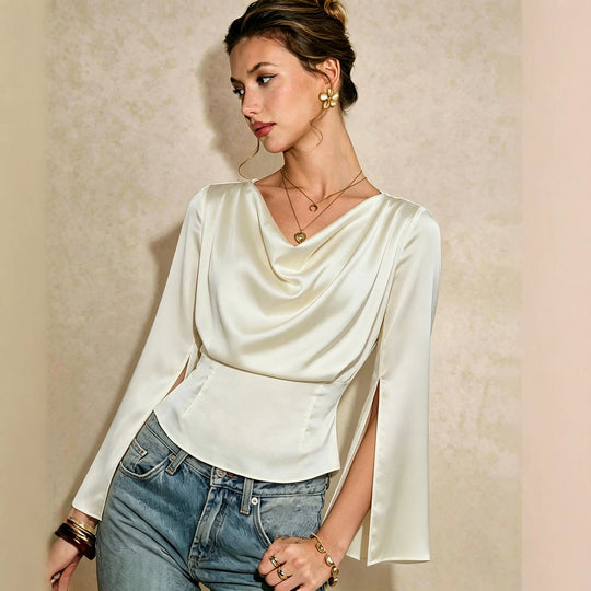 Damen elegante Satinbluse mit Wasserfallausschnitt, taillierter Silhouette und langen Ärmelschlitzen Shop Nory