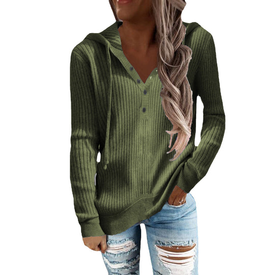 Damen Lässiger gerippter Hoodie-Pullover mit Henley-Knopfleiste und Tunnelzug Shop Nory