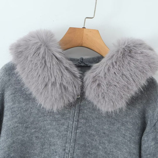Damen Kurzgeschnittene Strickjacke mit Reißverschluss und abnehmbarem Kunstfellkragen Shop Nory
