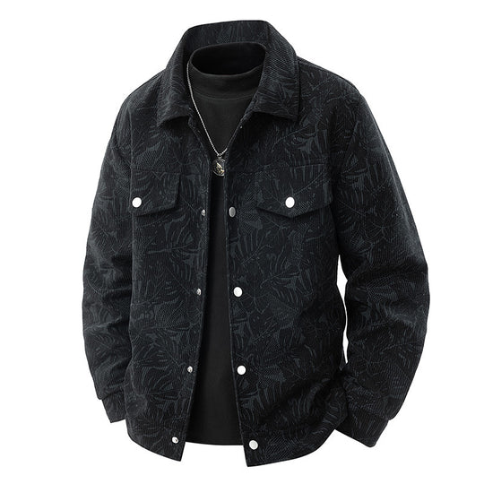 Herren Cord-Truckerjacke mit Jacquard-Blattmuster und Druckknopfleiste Shop Nory