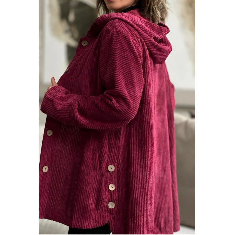 Damen Langer Kapuzen-Strickcardigan mit Rippenstruktur, Knopfleiste und Seitentaschen Shop Nory