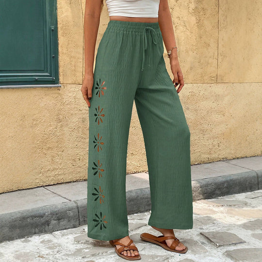 Damen Weite Leinenhose mit Blumen-Applikationen und Elastikbund Shop Nory