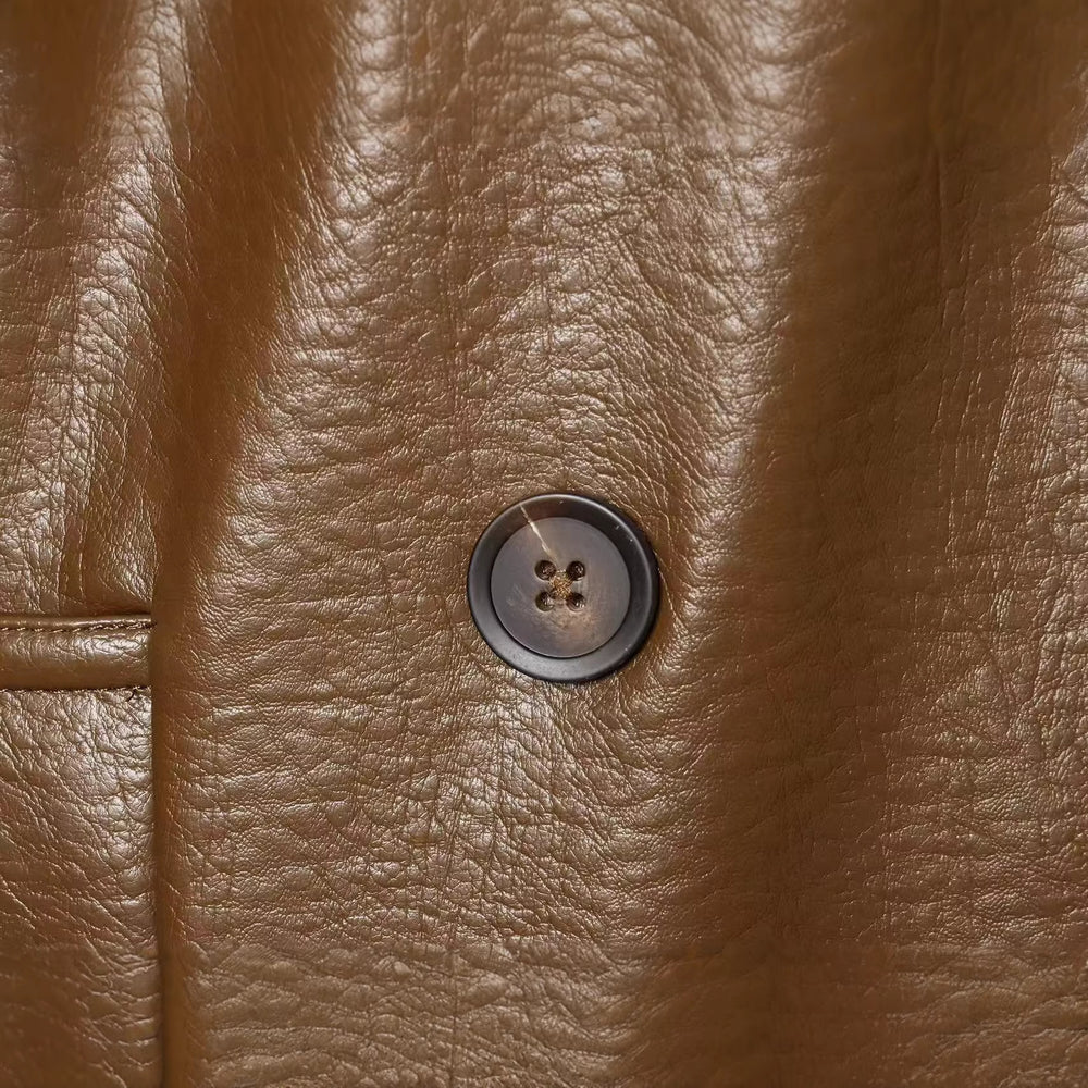 Damen Kurztrenchcoat aus Lederimitat mit Taillengürtel und Schulterklappen Shop Nory