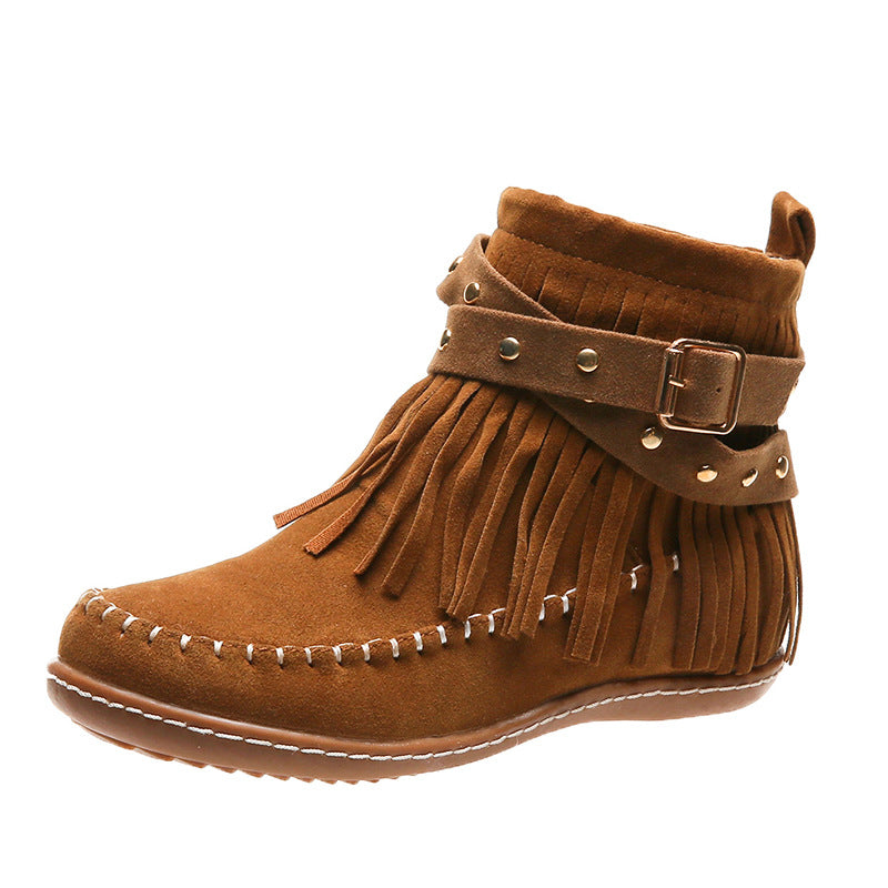 Damen Mokassin-Shortboots mit Fransen, Ziergürtel und handgenähter Mokassinnaht Shop Nory