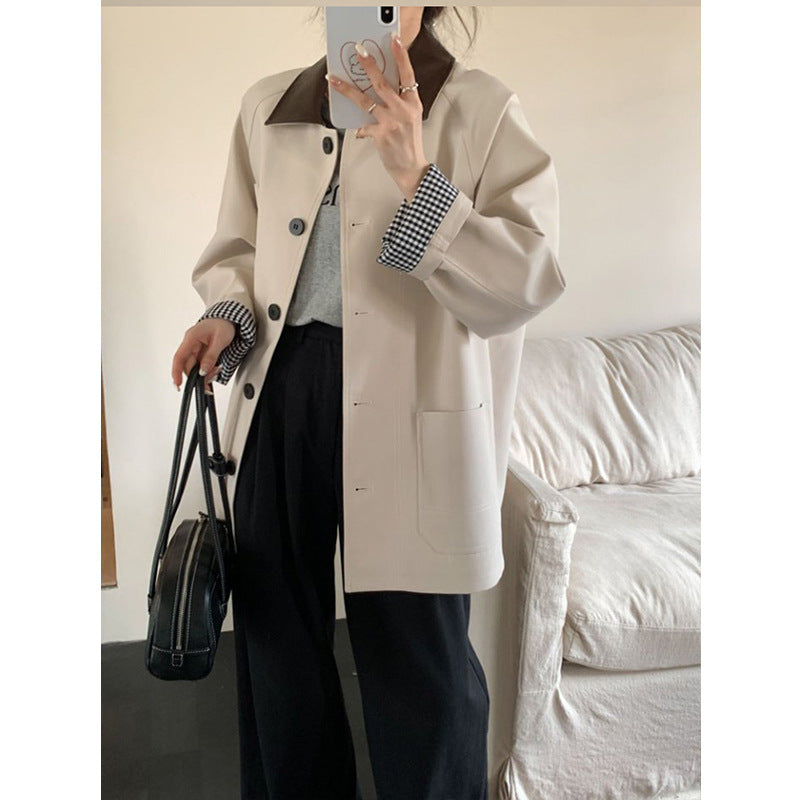 Damen Leichte Oversize-Übergangsjacke mit Kontrastkragen und kariertem Ärmelsaum Shop Nory
