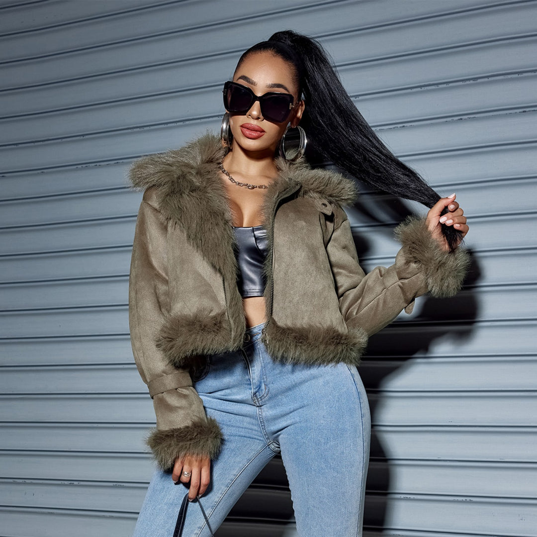 Damen Kurzjacke aus Wildlederoptik mit Fellbesatz, Kapuze & Reißverschluss Shop Nory