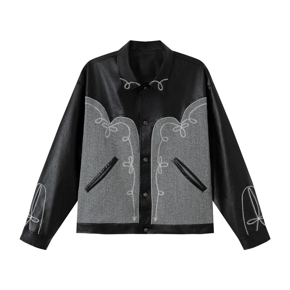 Unisex Boxy-Blouson aus Lederimitat und Wollmix mit Westernstickerei Shop Nory