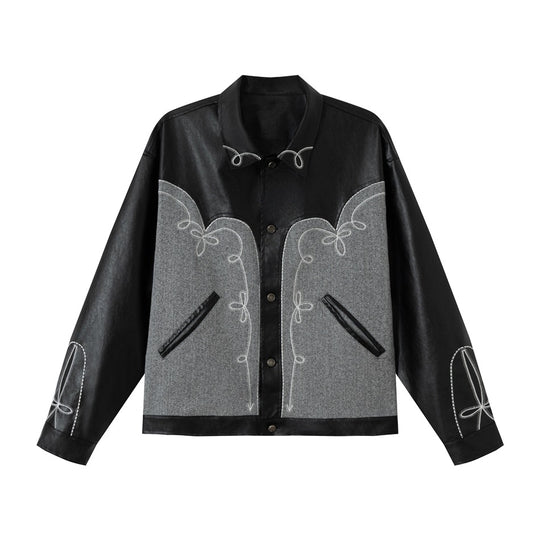 Unisex Boxy-Blouson aus Lederimitat und Wollmix mit Westernstickerei Shop Nory