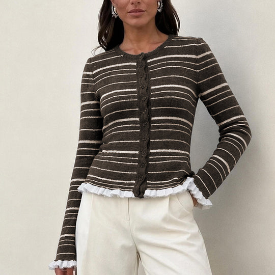 Damen Feinstrick-Buttoncardigan mit Streifen, Rüschenbesatz & taillierter Passform Shop Nory