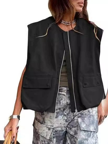 Damen Ärmellose utilitaristische Weste mit Reißverschluss und Pattentaschen Shop Nory