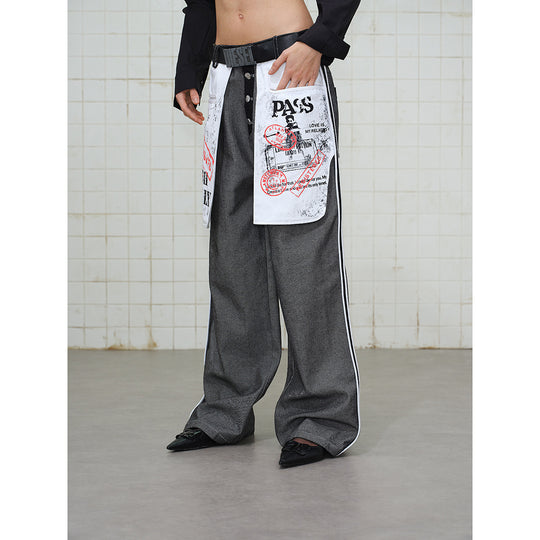 Damen Wide-Leg Cargo-Jeans mit aufgesetzten Grafik-Patches und Kontraststreifen Shop Nory