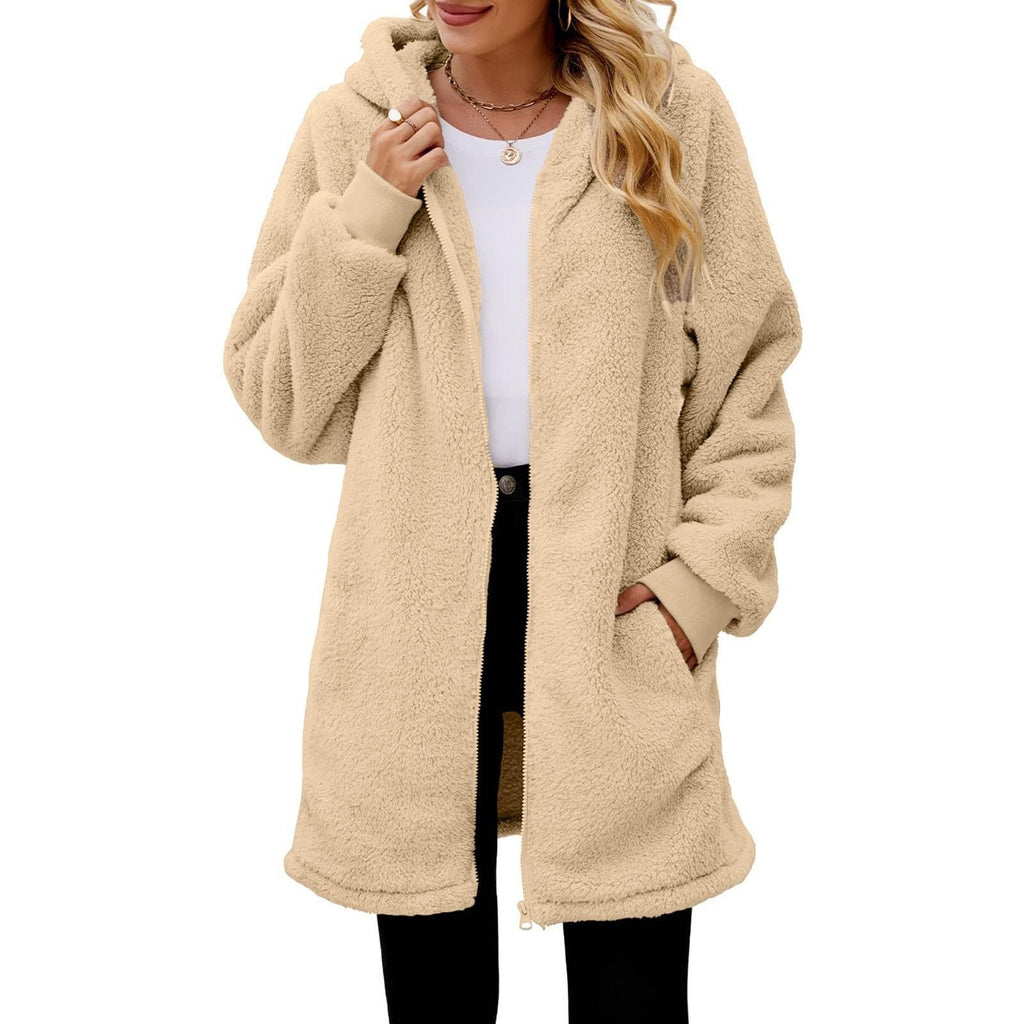 Damen kuschelige Fleecejacke mit Kapuze und Reißverschluss