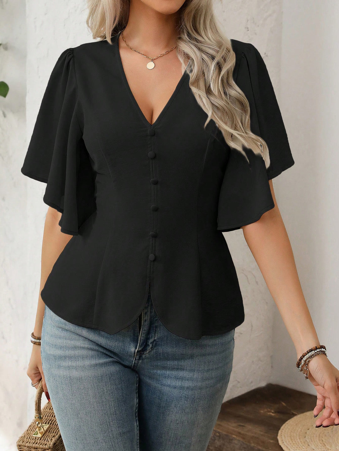 Damen V-Ausschnitt taillierte Bluse mit Schößchen und Volantärmeln Shop Nory