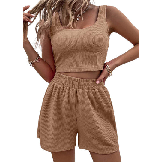Damen modisches Crop-Top und Shorts Set mit elastischem Bund Shopnory