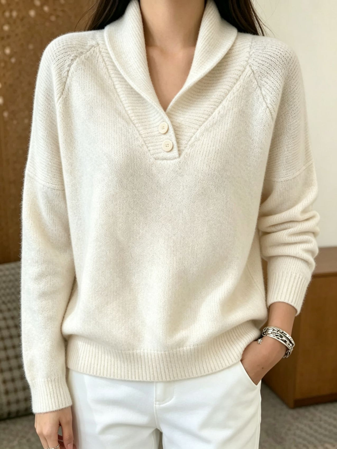 Damen Weicher Schalkragen‑Pullover mit halber Knopfleiste und Raglanärmeln Shop Nory