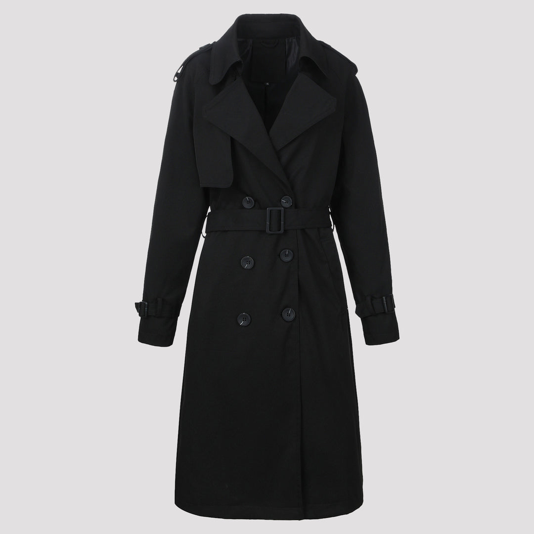 Damen Klassischer taillierter Doppelreihiger Trenchcoat mit Bindegürtel und Schulterklappen Shop Nory