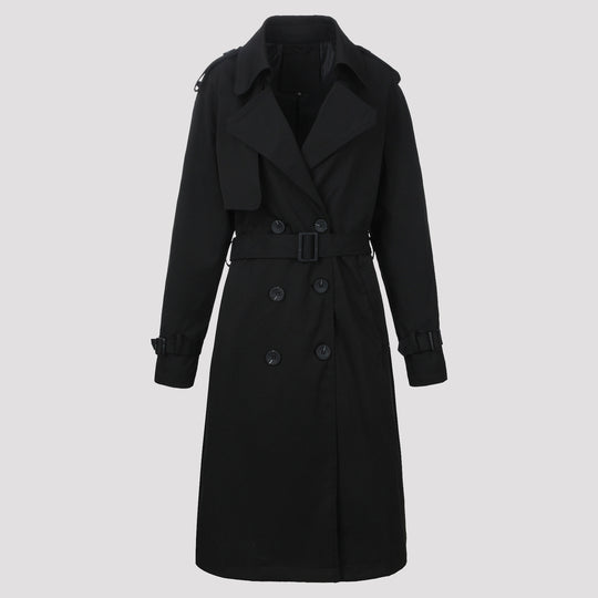 Damen Klassischer taillierter Doppelreihiger Trenchcoat mit Bindegürtel und Schulterklappen Shop Nory
