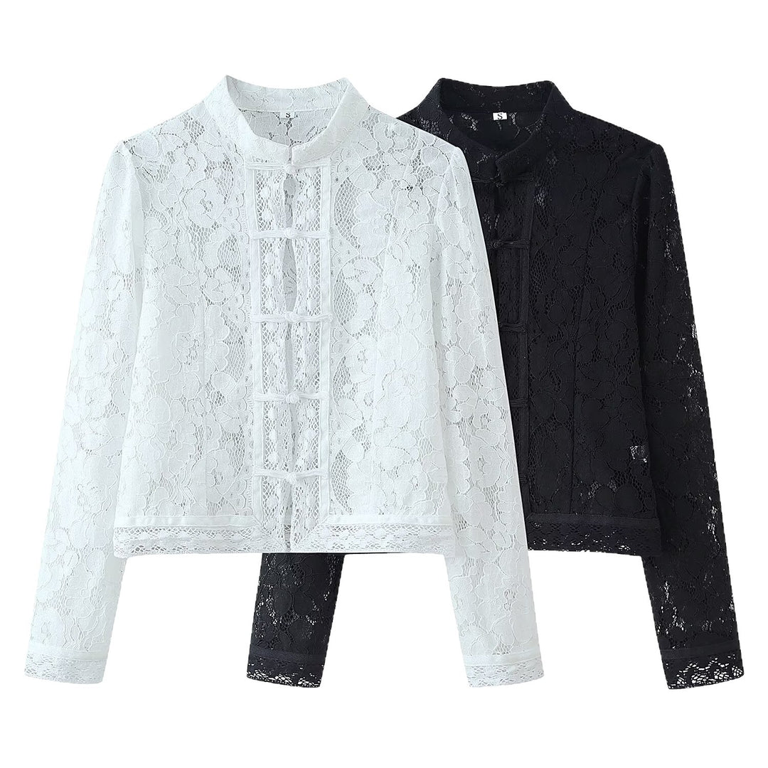 Damen Spitze Jacke mit Stehkragen, chinesischen Knoten und transparentem Floral-Design Shop Nory