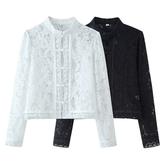Damen Spitze Jacke mit Stehkragen, chinesischen Knoten und transparentem Floral-Design Shop Nory