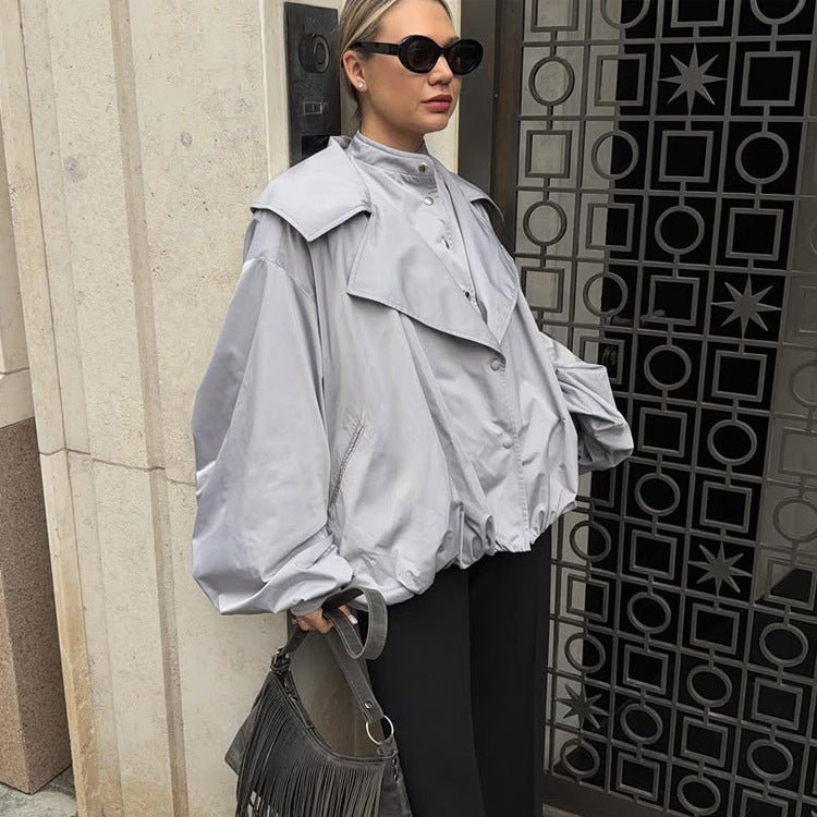 Damen Oversize Kurzjacke mit weitem Volumenärmeln und Tunnelzugsaum Shop Nory