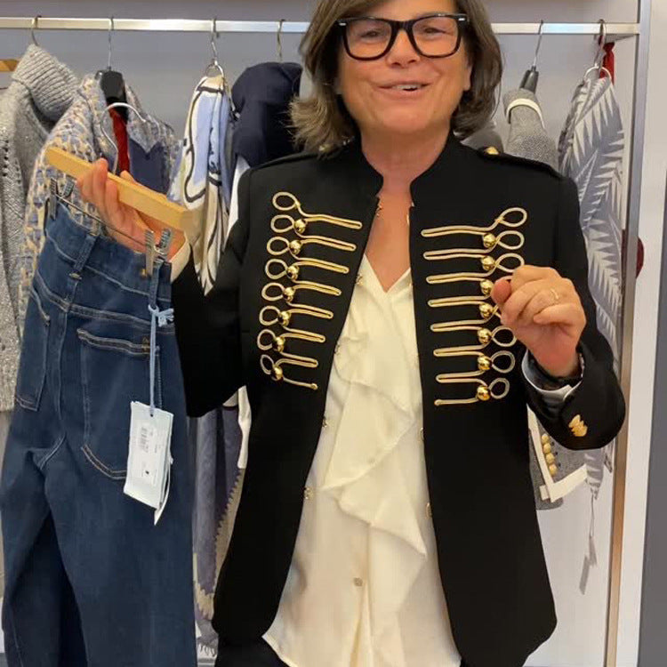 Damen Militärischer Kurzblazer mit goldener Kordel‑Litzenverzierung und Zierriegeln Shop Nory