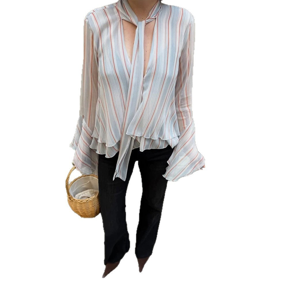 Damen Gestreifte Chiffon-Bluse mit Bindeschleife, Volant-Saum & Glockenärmeln Shop Nory