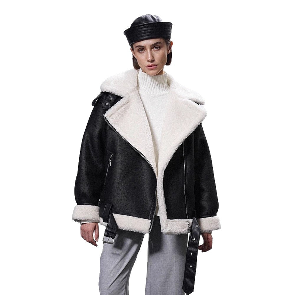 Damen Oversized Bikerjacke mit Teddyfell-Futter und verstellbaren Gürteln Shop Nory