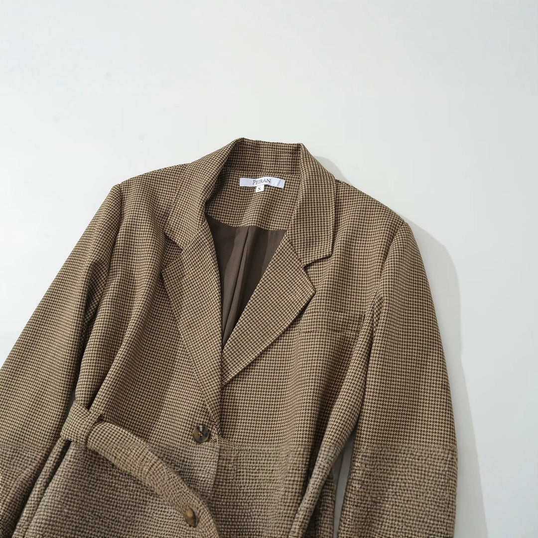 Damen Kurzblazer mit taillierendem Bindegürtel und Hahnentrittmuster Shop Nory