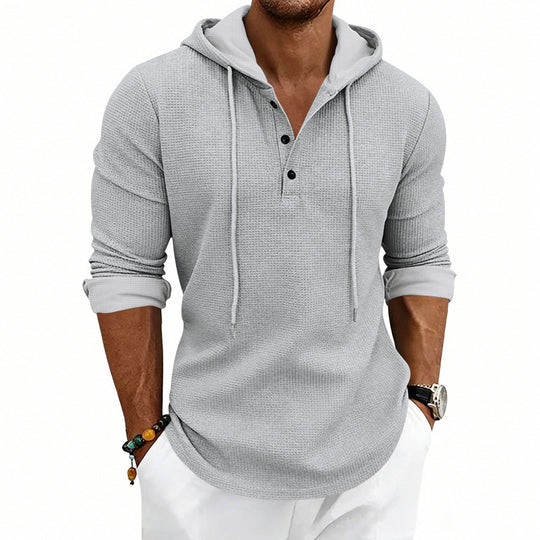 Herren Texturiertes Kapuzen-Langarmshirt mit Knopfleiste und Waffelstruktur Shop Nory