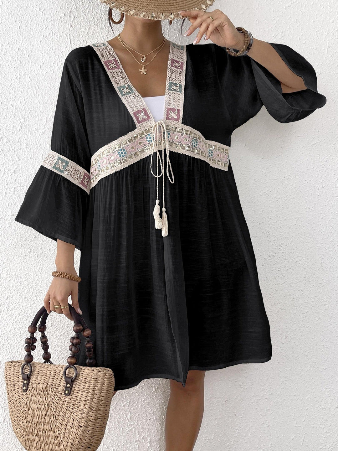 Damen luftiger Strandkimono mit floralen Stickereien