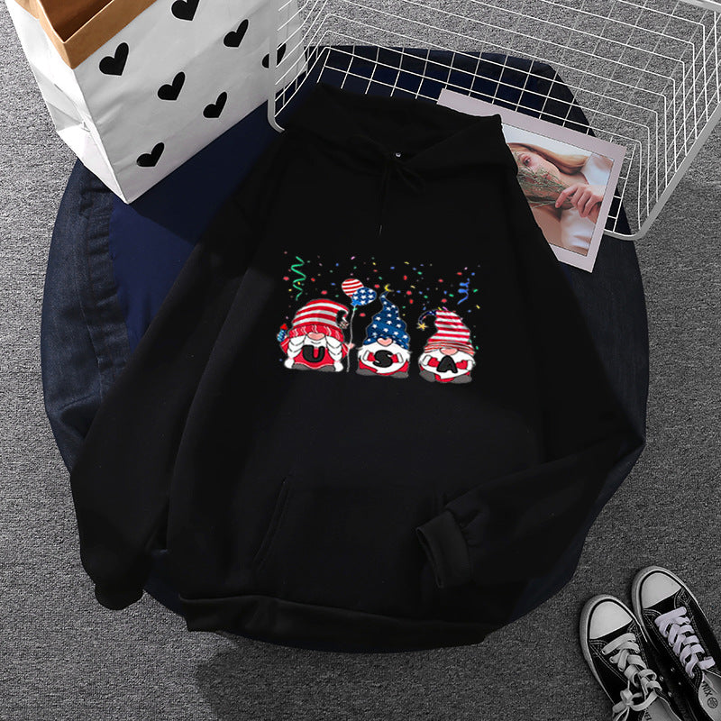 Damen nan Kapuzenpullover mit patriotischem Gartenzwerg-Print, angerautem Fleece-Innenfutter, Oversize-Schnitt und Kängurutasche Shop Nory