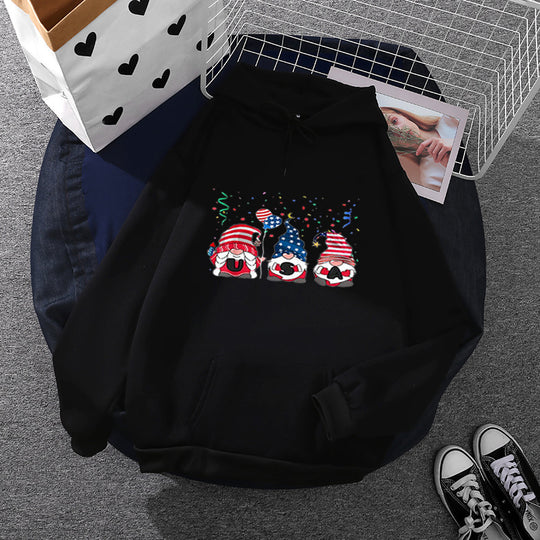 Damen nan Kapuzenpullover mit patriotischem Gartenzwerg-Print, angerautem Fleece-Innenfutter, Oversize-Schnitt und Kängurutasche Shop Nory