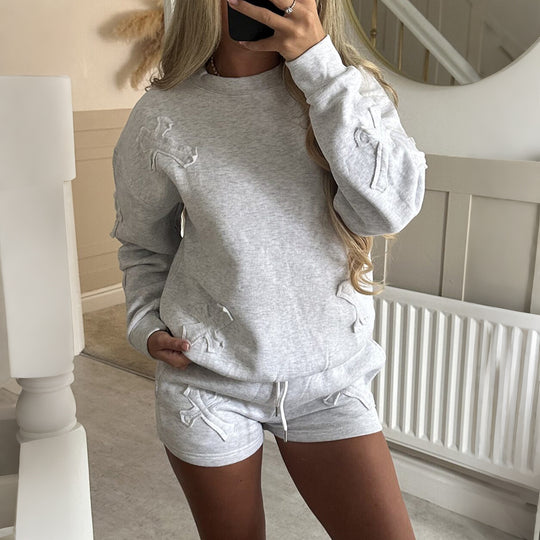 Damen nan lässiges Sweatshirt- und Short-Set mit dekorativen Schleifen-Applikationen, hohem Rundhalsausschnitt und Tunnelzugbund Shop Nory