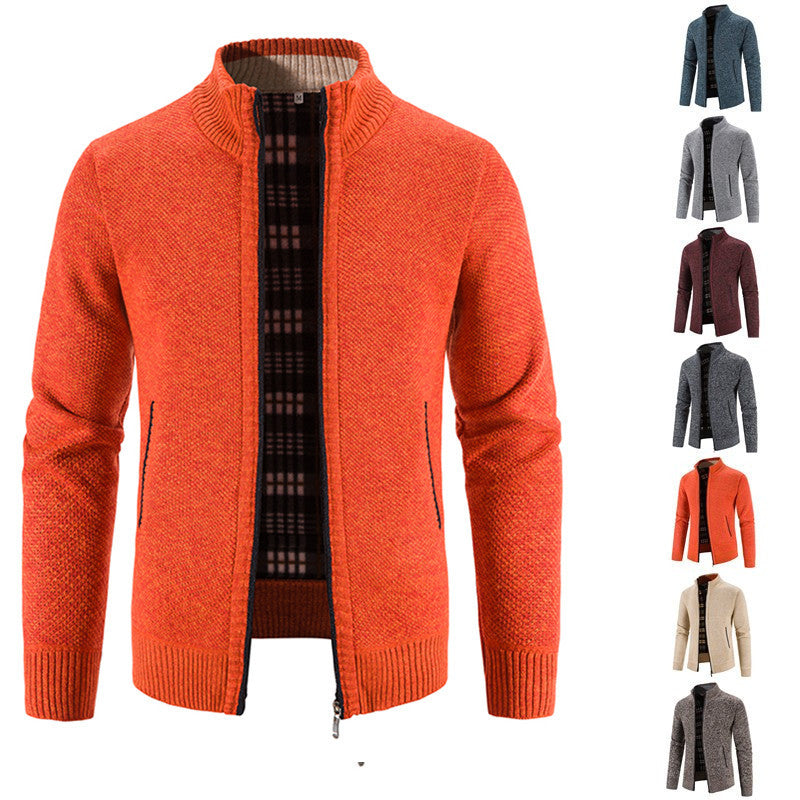 Herren Strickjacke mit durchgehendem Reißverschluss, Stehkragen und kariertem Futter Shop Nory
