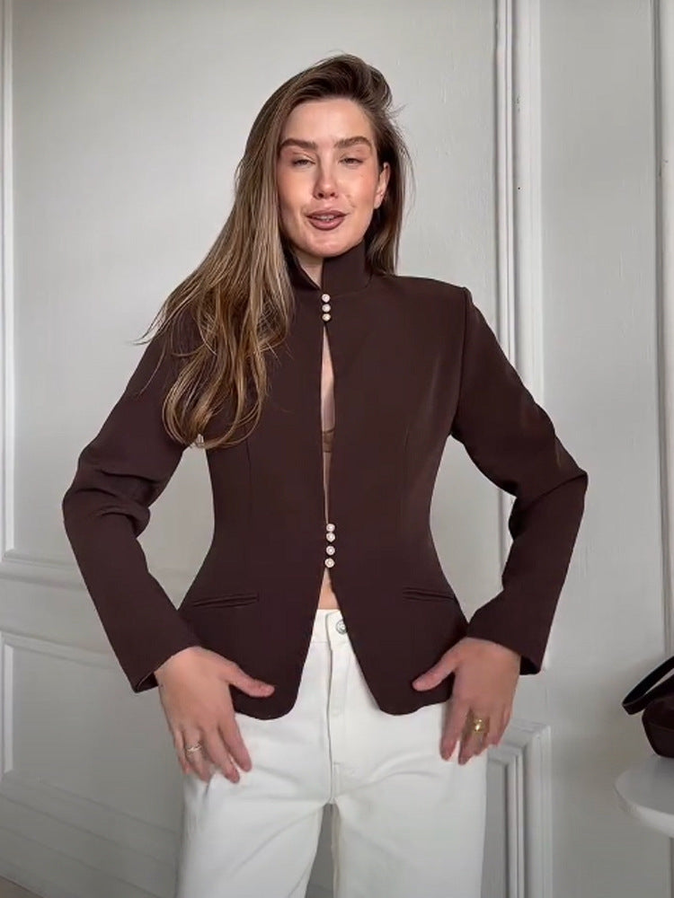 Damen Taillierter Blazer mit Stehkragen und Perlenknopf-Leiste Shop Nory