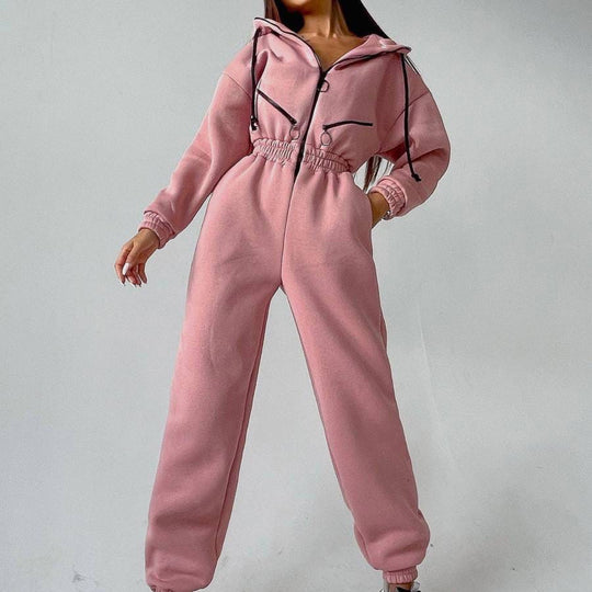 Damen taillierter Kapuzen-Jumpsuit mit elastischem Bund und markanten Kontrast-Reißverschlüssen Shop Nory