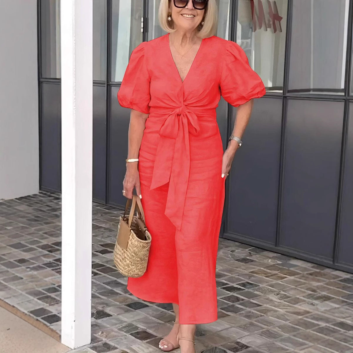 Damen Maxikleid mit eleganten Puffärmeln und Taillenknoten